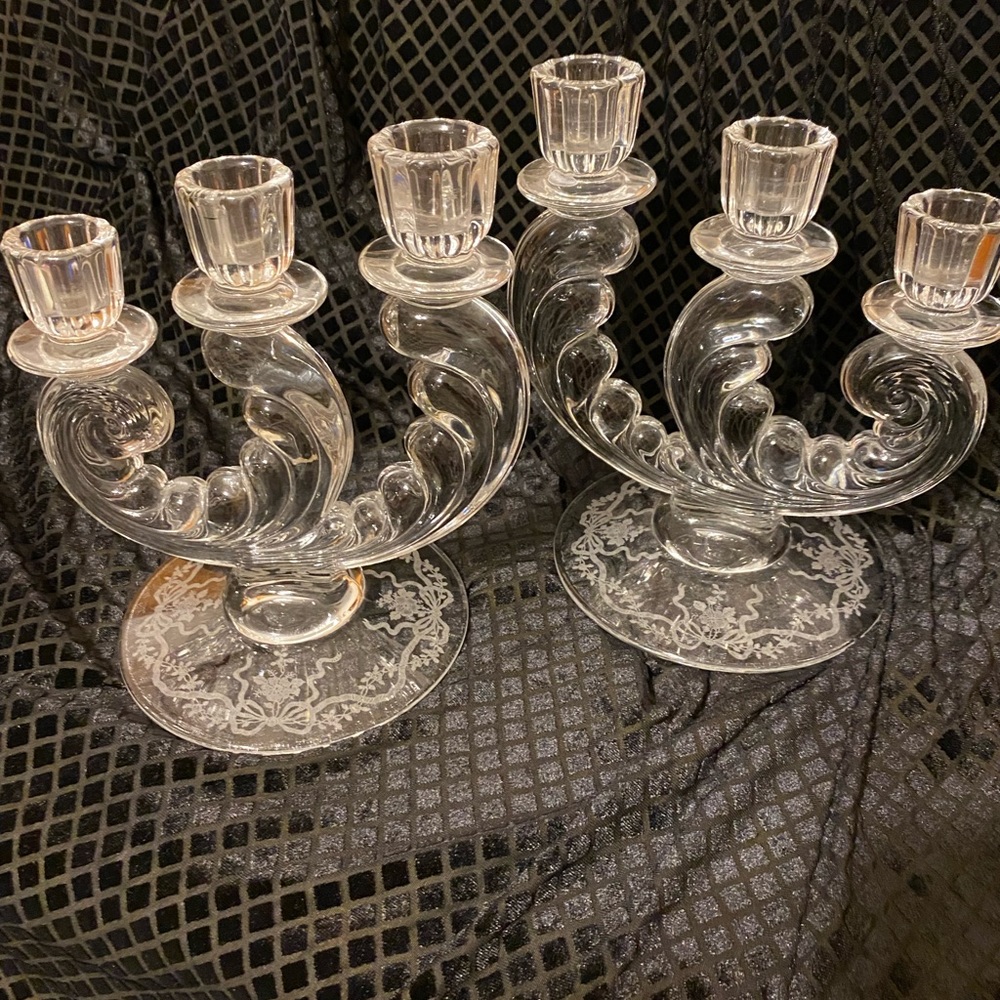 depression Glass Fostoria Romance Plume three candle holders Floral etching